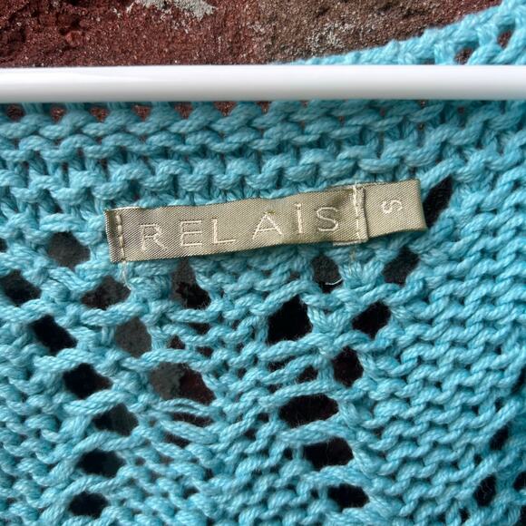 Relais Open Knit Belted Cardigan Sweater Teal Small - Picture 3 of 4
